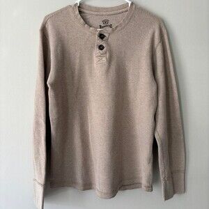 Preppy Men Beige Cotton Button Up Henley Minimalist Shirt - Size Large